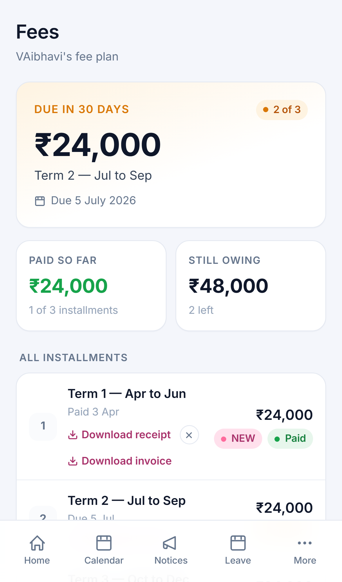 Fees view for parents